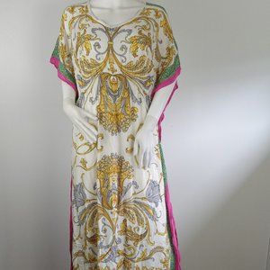Poster Women's Caftan Maxi Dress Size Large White Multi Floral Print Smocked